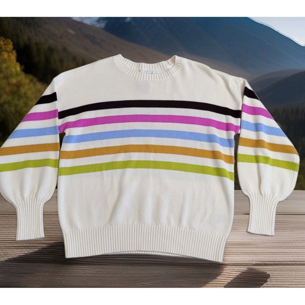 Lands' End Sweater Womens S 6-8 Cream Multicolor Stripes Cotton Pullover‎ Preppy